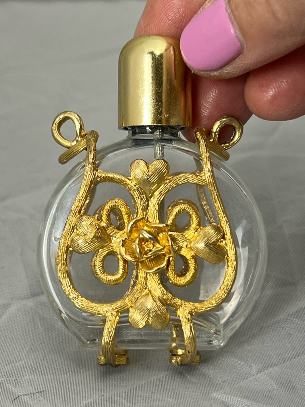 Vintage Round Glass Perfume Bottle with Gold Filigree - Picture 2 of 5
